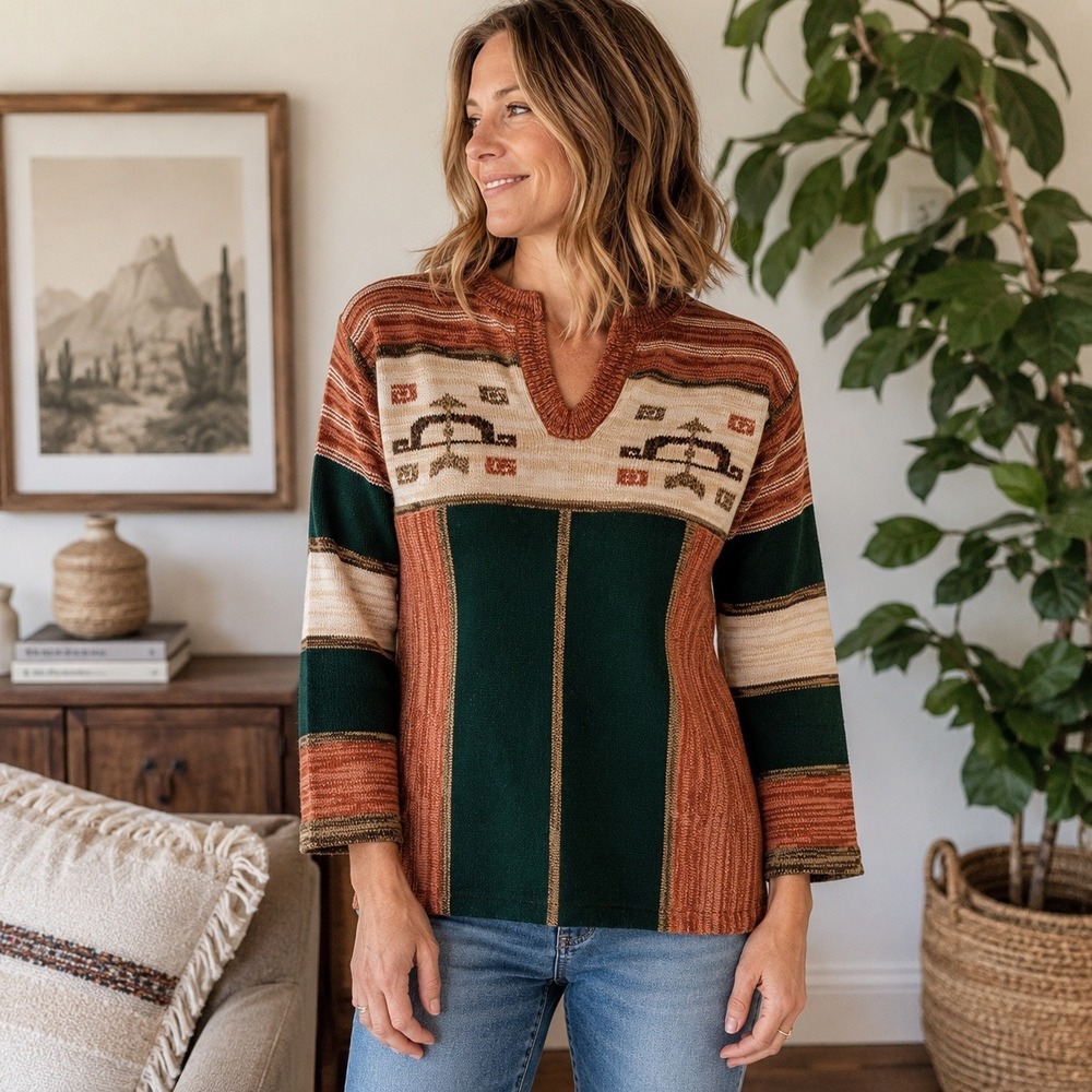 Vintage Reitman's Southwestern Knit Sweater Earth Tone Striped Boho Womens Small